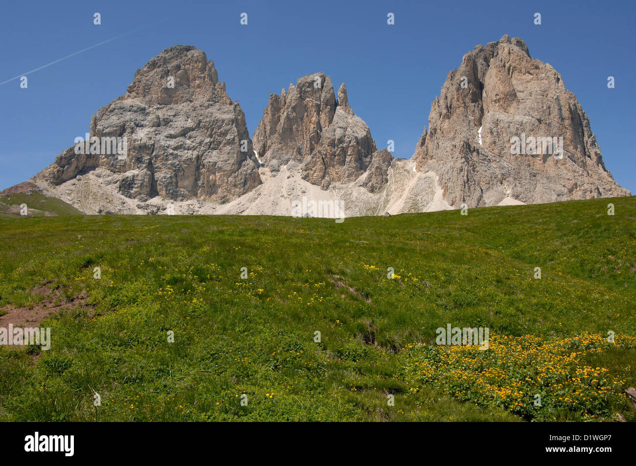 Gruppo del Sassolungo da Strada del Sella. Il Passo Sella, Canazei, Bolzano Dolomiti. Foto Stock