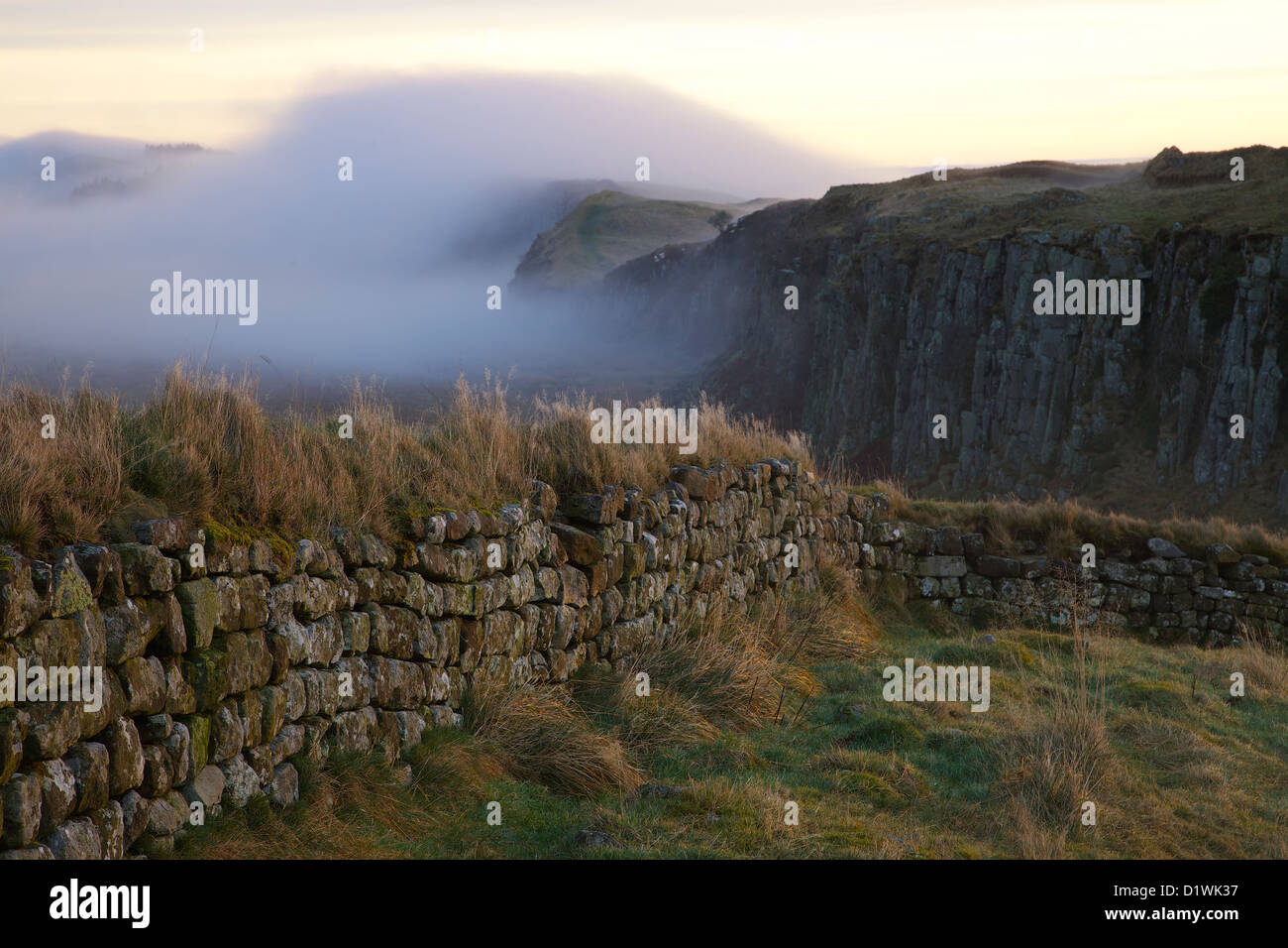 La nebbia del Vallo di Adriano. Rigg in acciaio in Northumbria, (Northumberland), Inghilterra, Regno Unito. Foto Stock
