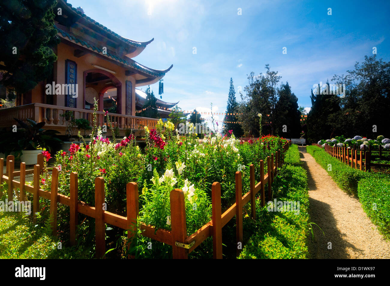 Curati attentamente i giardini fioriti, Khu Du Lich Cap Treo, Dalat, Highlands Centrali, Vietnam Asia Foto Stock