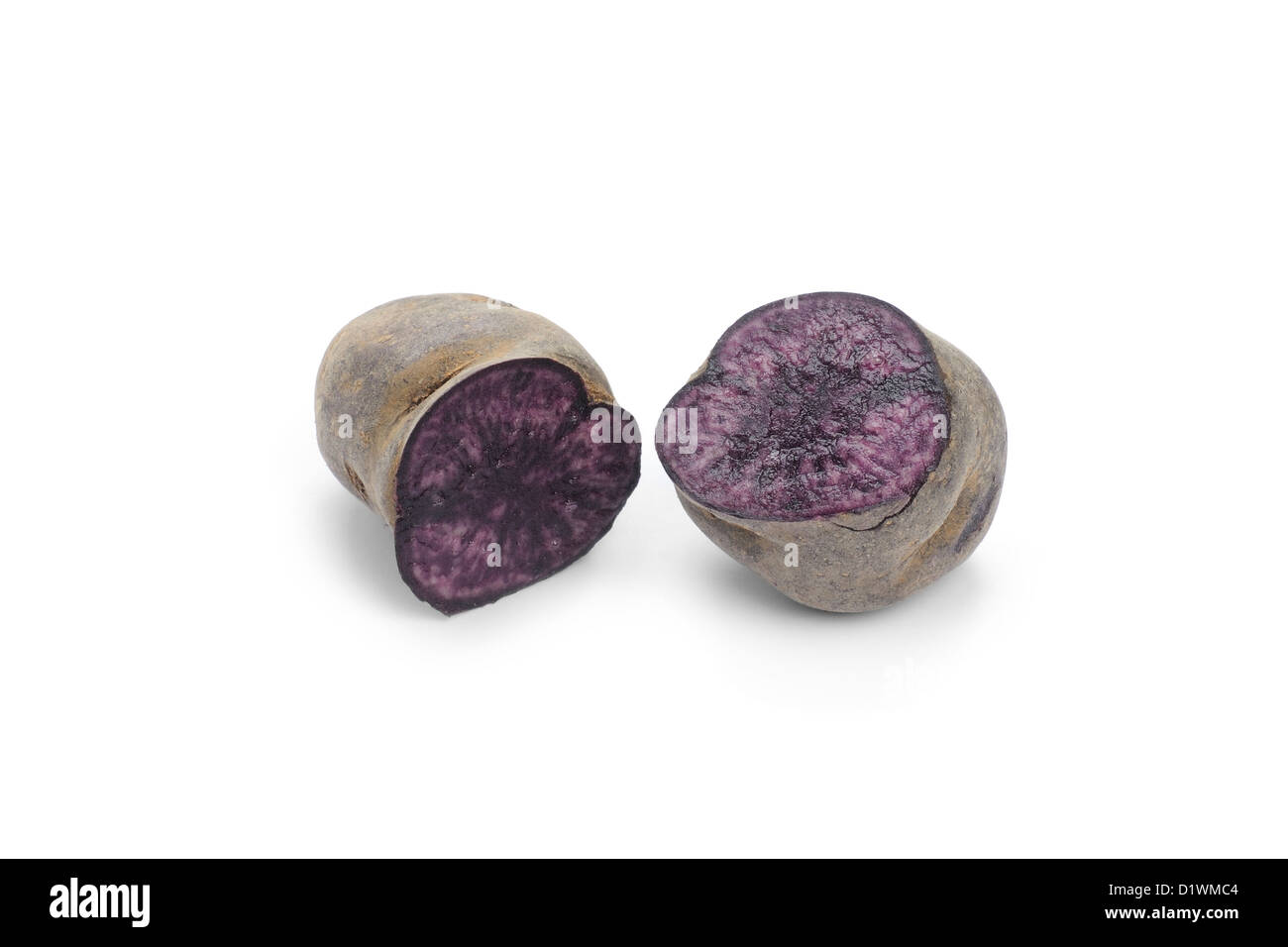 Patata blu, varietà porpora Maestà, tagliata aperta Foto Stock