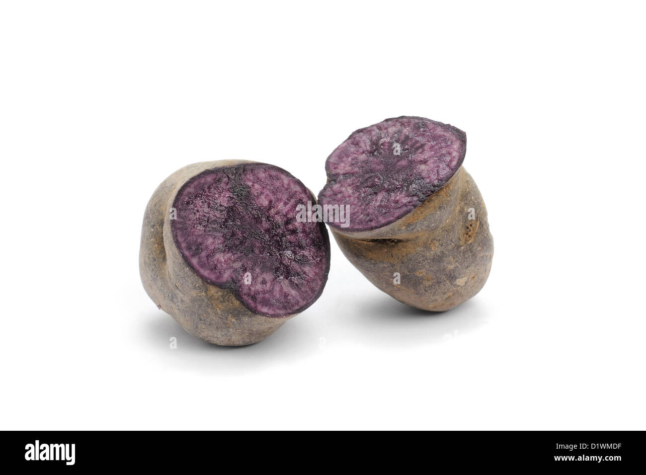 Patata blu, varietà porpora Maestà, tagliata aperta Foto Stock