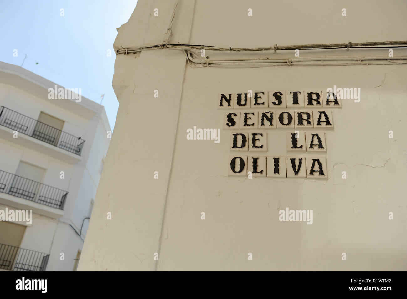 Cartello Nuestra Senora de la Oliva, a Vejer de la Frontera, uno dei Pueblos Blancos o bianche città dell'Andalusia, Spagna Foto Stock