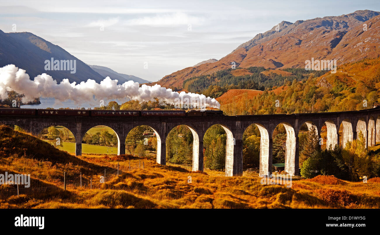 Giacobita treno a vapore, viadotto Glenfinnan in autunno con il Loch Shiel in background, Lochaber, Scotland, Regno Unito, Europa Foto Stock