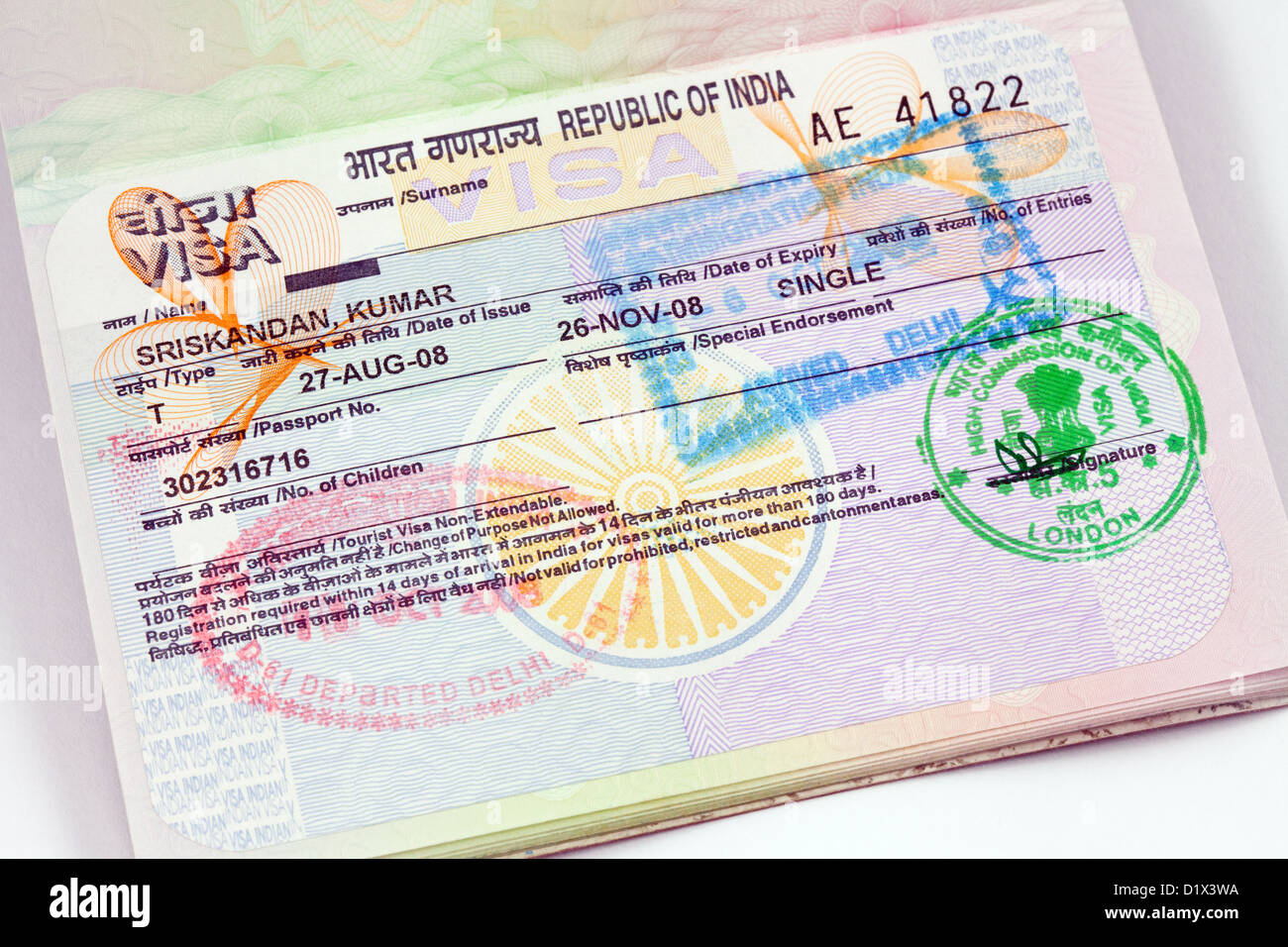 India visto per l'ingresso per i viaggi di vacanza in un passaporto britannico, REGNO UNITO Foto Stock