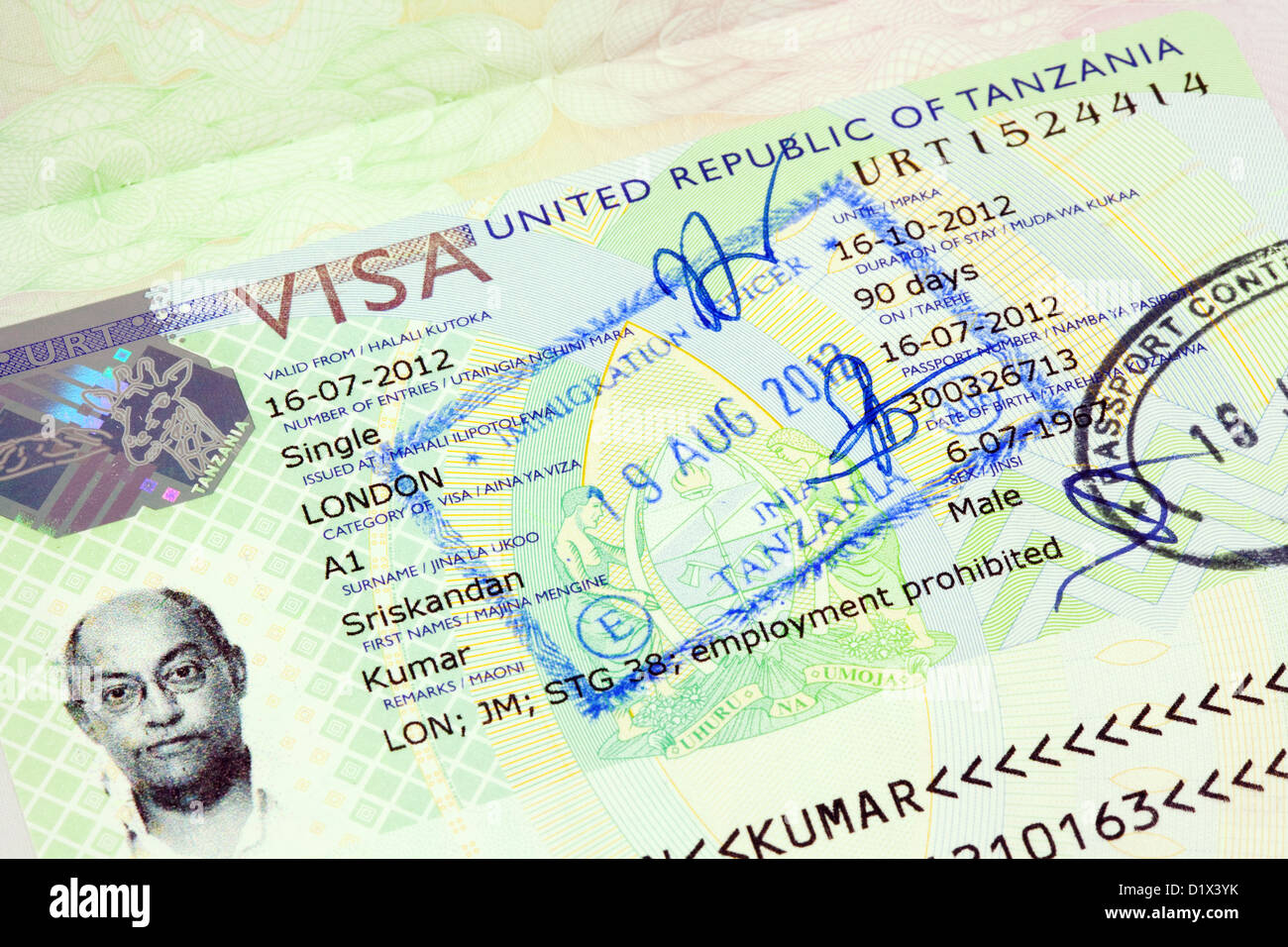 Tanzania visa per i viaggi di vacanza entrata in un passaporto britannico, REGNO UNITO Foto Stock