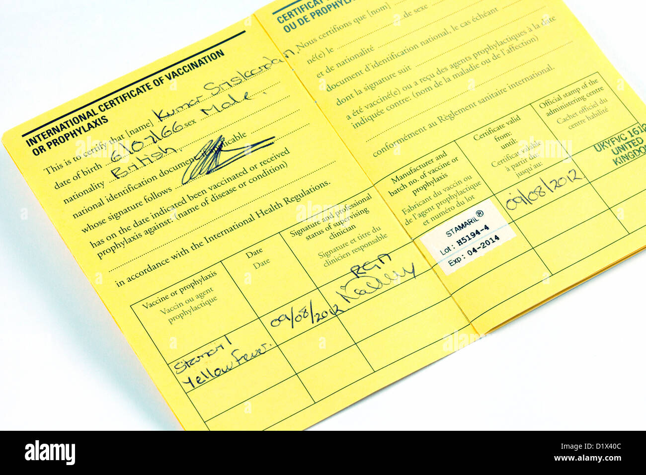 La febbre gialla certificato di vaccinazione, REGNO UNITO Foto Stock