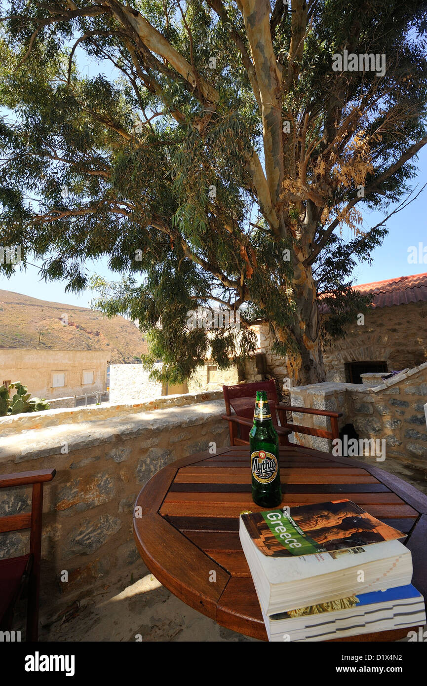 Un 90-anno vecchio salice, qualche ombra, una birra e una guida nel piccolo borgo di Porto Kayio; Mani, Peloponneso. La Grecia. Foto Stock