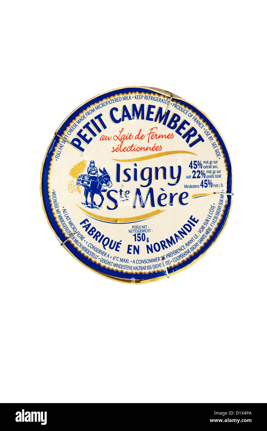Una scatola di Isigny Ste semplice formaggio camembert di Normandia, Francia. Foto Stock
