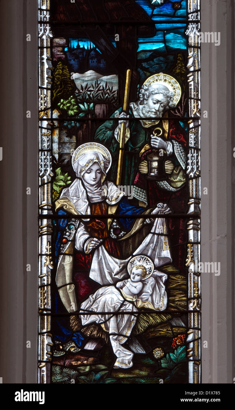 Natività in vetro colorato, San Edmund la Chiesa, cameriere Moreton, Buckinghamshire, Inghilterra, Regno Unito Foto Stock