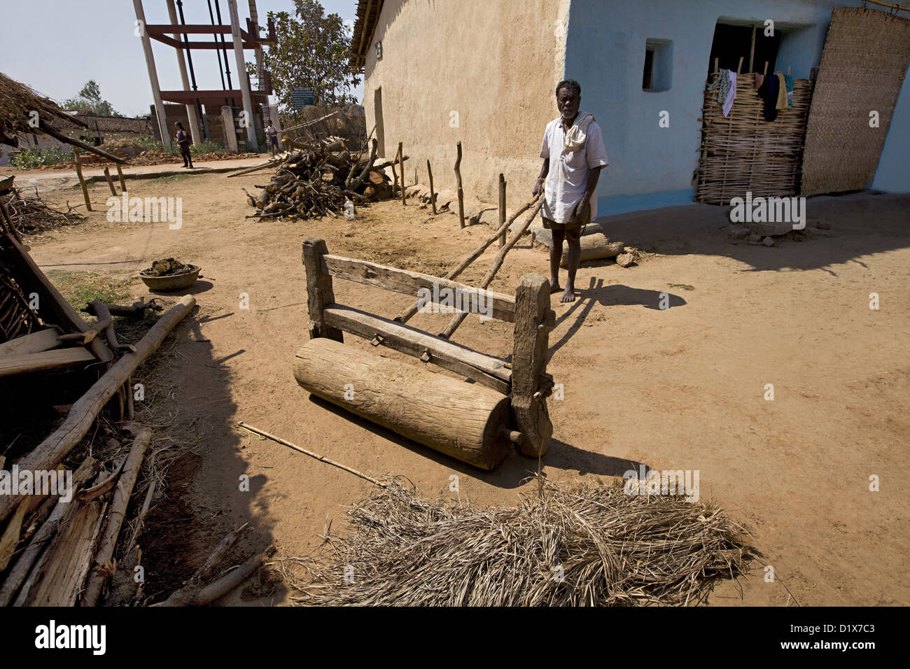 Tribù agricoltore il livellamento del terreno con rullo in legno Gadchiroli, Maharashtra, India. Foto Stock