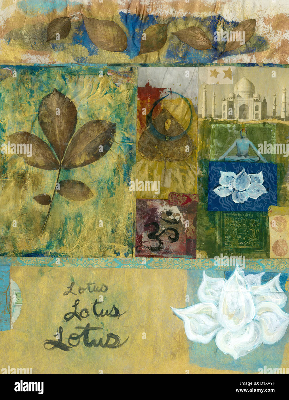 Lo Yoga mixed media art collage con foglie e fiori di loto e il Taj Mahal. Foto Stock