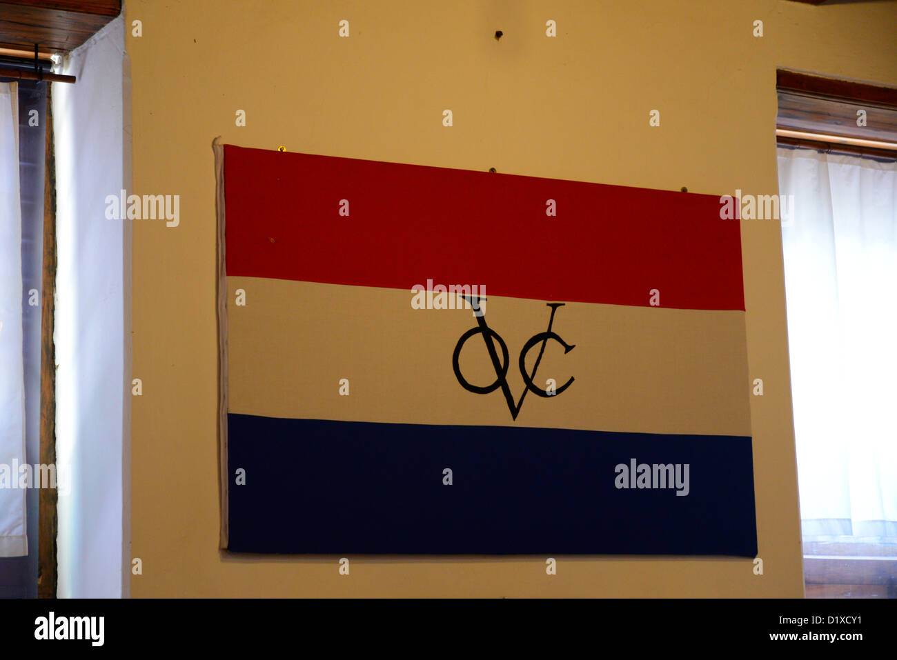 Bandiera e simboli di storico olandese East Indian Company nel Capo, Sud Africa Foto Stock