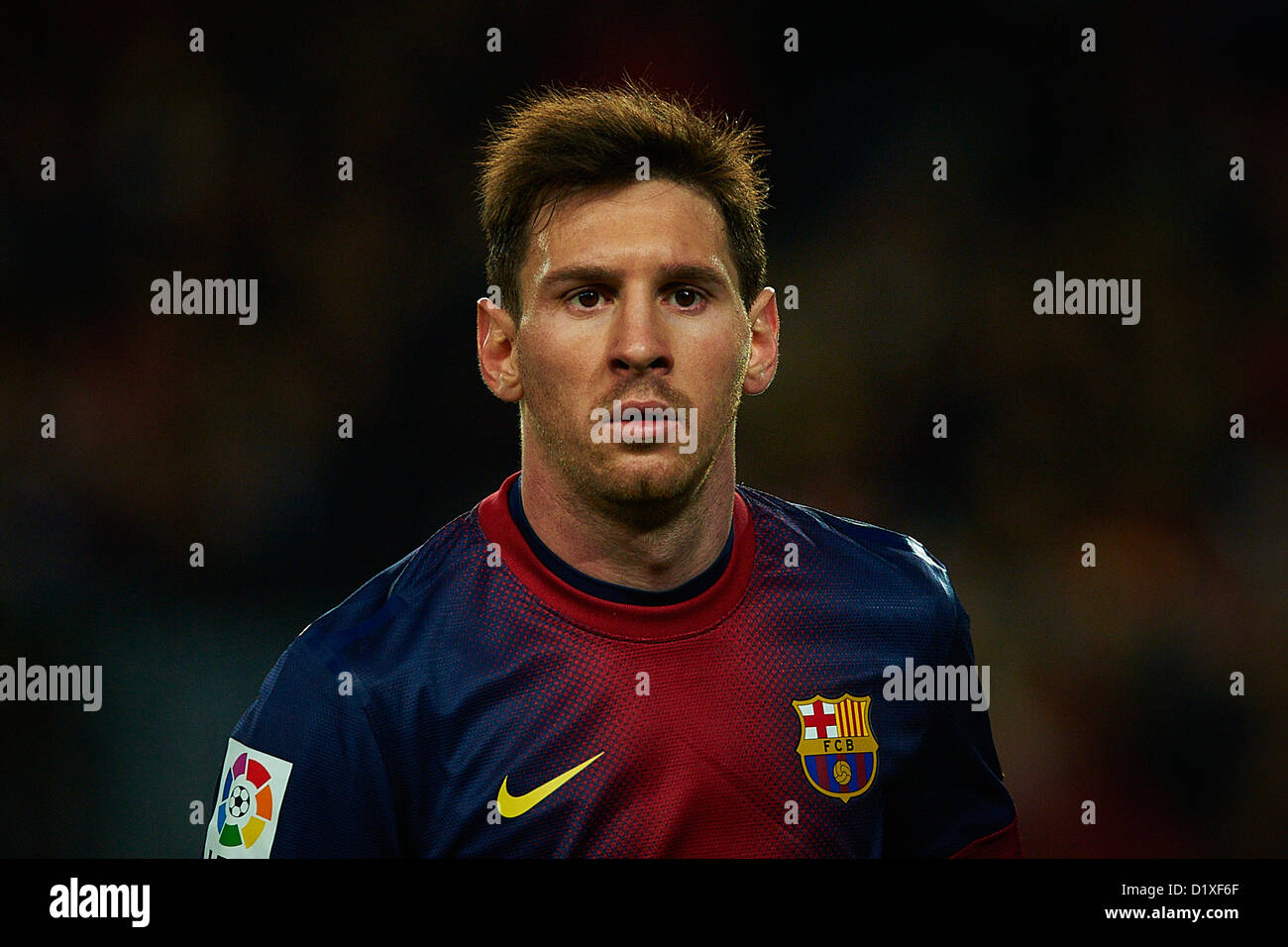 Lionel Messi (FC Barcelona), durante la Liga partita di calcio tra FC Barcelona e il RCD Espanyol, allo stadio Camp Nou a Barcellona, Spagna, Domenica, 6 gennaio 2013. Foto: S.Lau Foto Stock