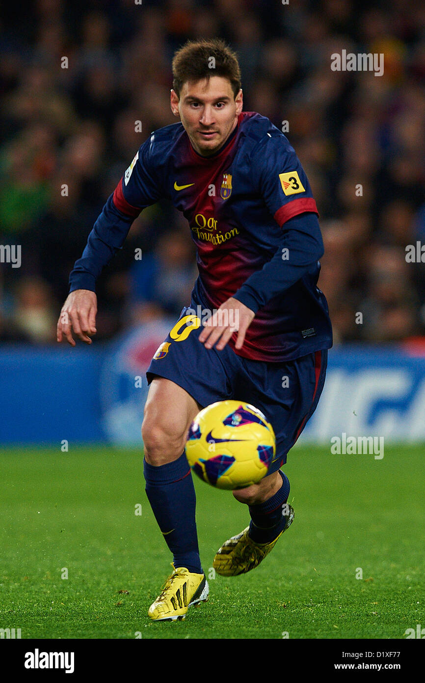 Lionel Messi (FC Barcelona), durante la Liga partita di calcio tra FC Barcelona e il RCD Espanyol, allo stadio Camp Nou a Barcellona, Spagna, Domenica, 6 gennaio 2013. Foto: S.Lau Foto Stock