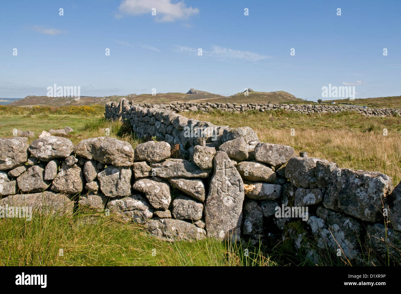 Muretti a secco su Dartmoor con i picchi della sella di Tor e Haytor nella distanza Foto Stock