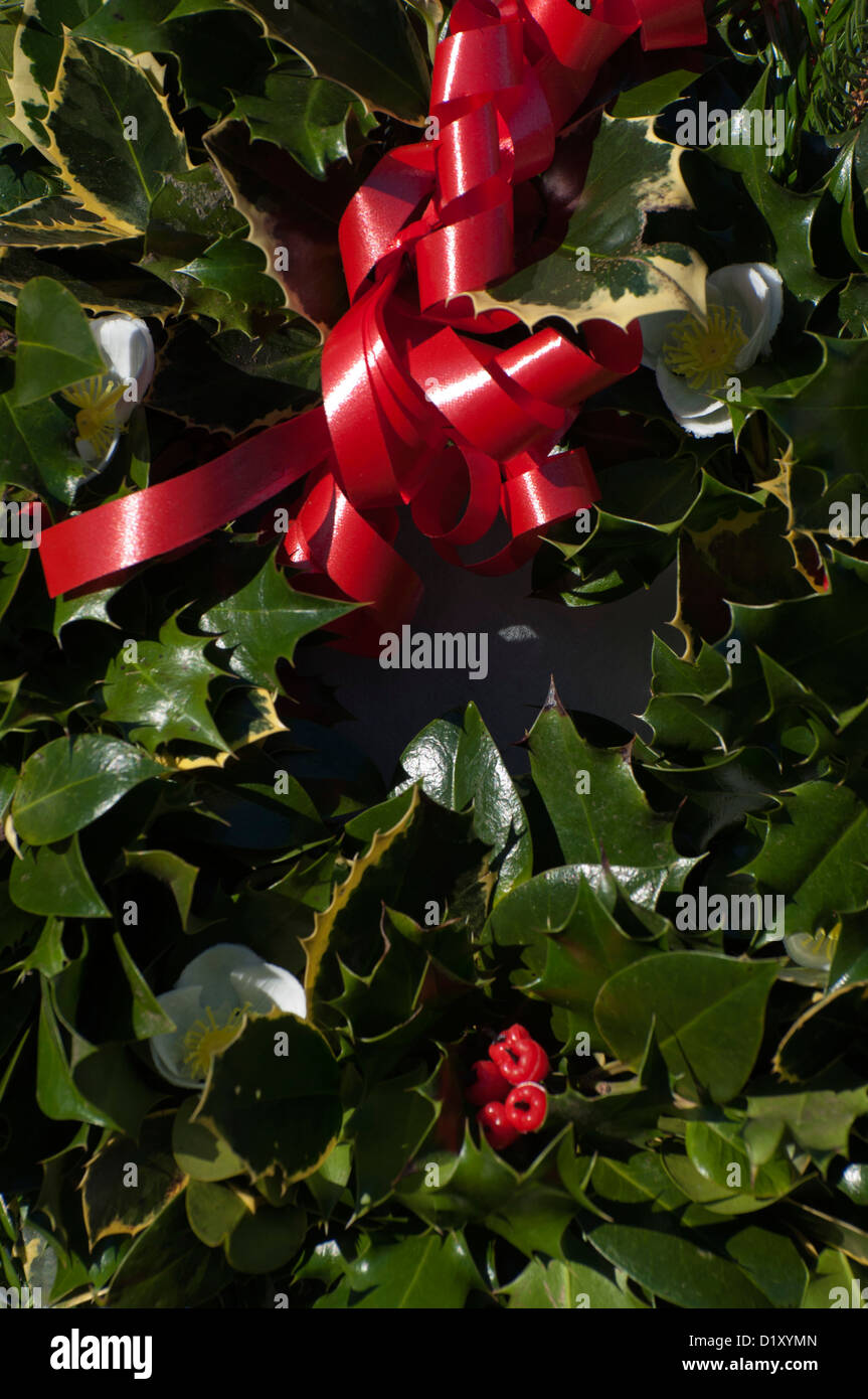Holly ghirlanda di Natale, feste, bacche rosse, foglie lucide Foto Stock