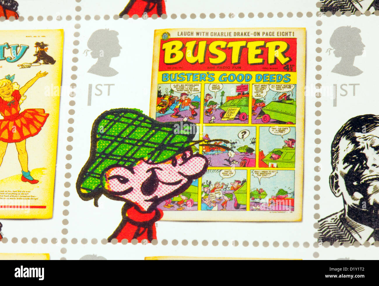 Commemorativa britannica francobollo che mostra il vecchio comico inglese "Buster' con personaggio dei fumetti Andy Capp , REGNO UNITO Foto Stock