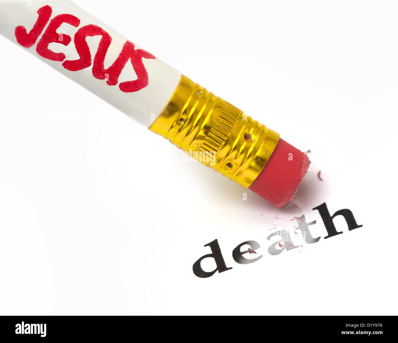 Concetto di Gesù rimuovendo il pungiglione della morte, utilizzando una gomma come analogia Foto Stock