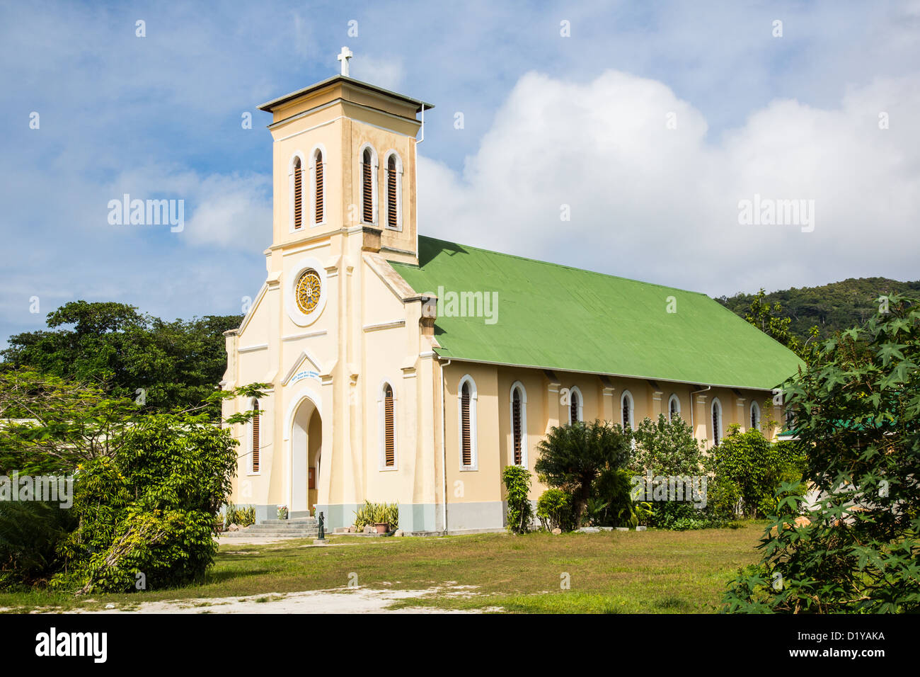Notre Dame d L' Assomption chiesa, La Dique Isola, Seicelle Foto Stock