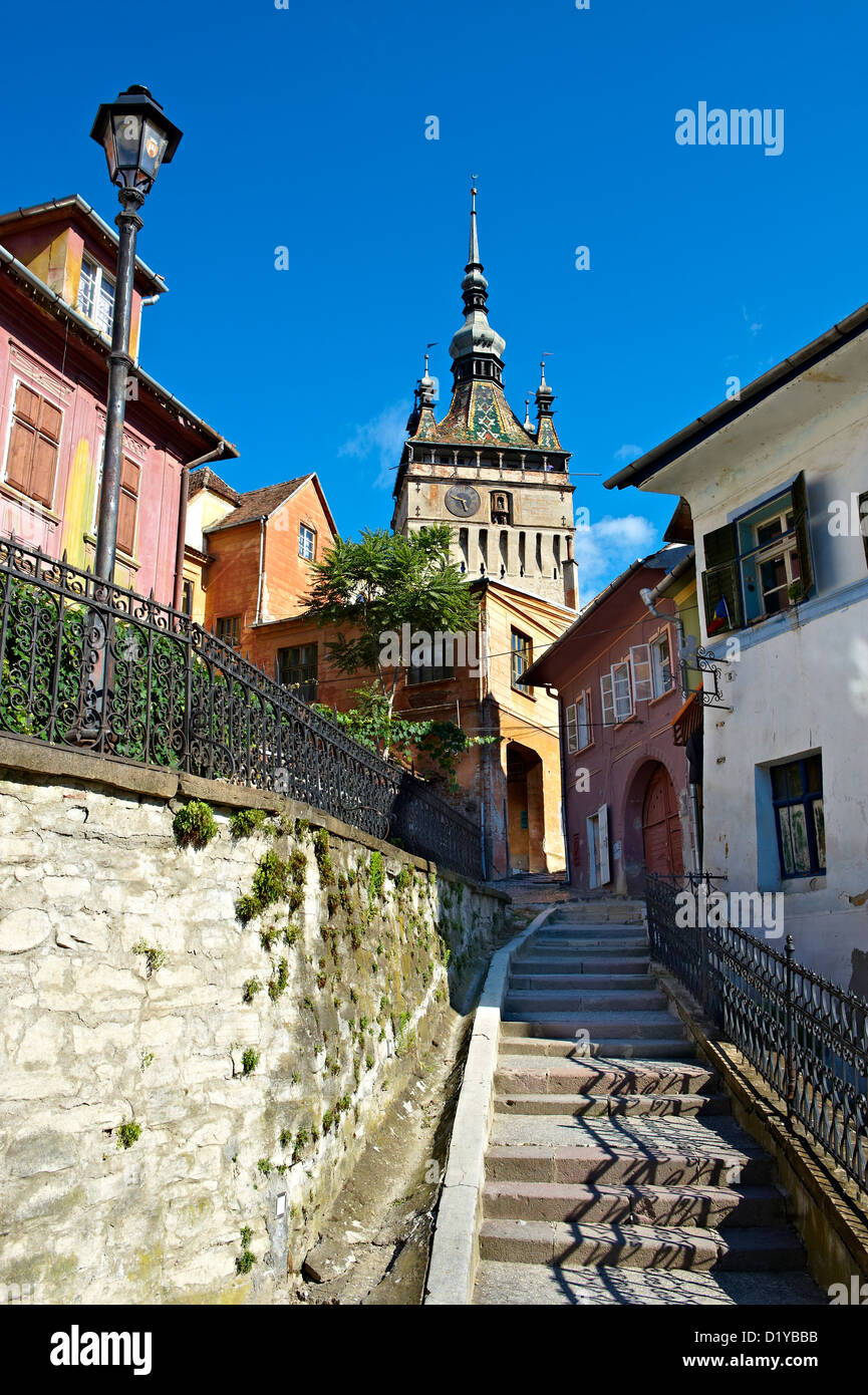 Medievale torre orologio & gate di Sighisoara sassone medievale fortificata cittadella, Transilvania, Romania Foto Stock