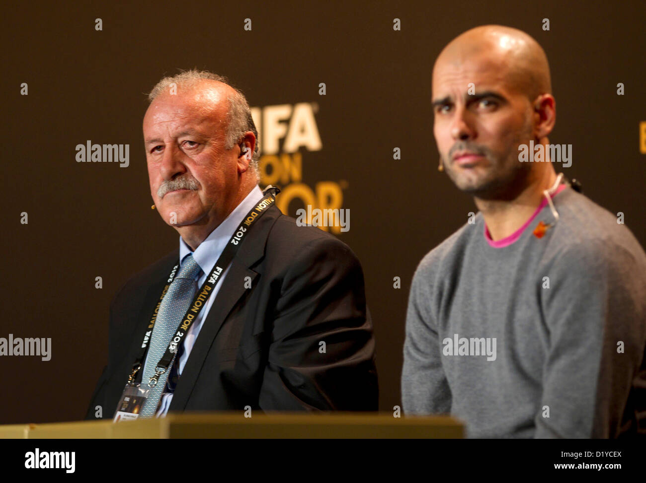 Vicente del Bosque e Pep Guardiola, durante la conferenza stampa con i candidati per Player mondiale dell'anno e del mondo Pullman dell'anno per gli uomini di calcio il 7 gennaio 2013 presso il Palazzo dei Congressi di Zurigo, Svizzera. Foto: S.Lau Foto Stock