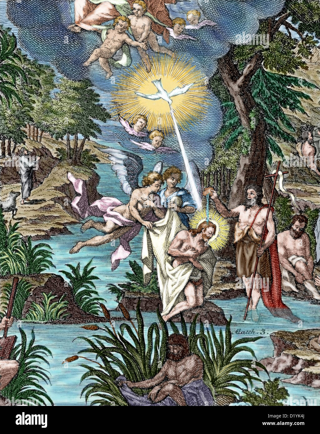 Matteo 3. Giovanni Battista a battezzare Gesù. Incisione colorata. Foto Stock