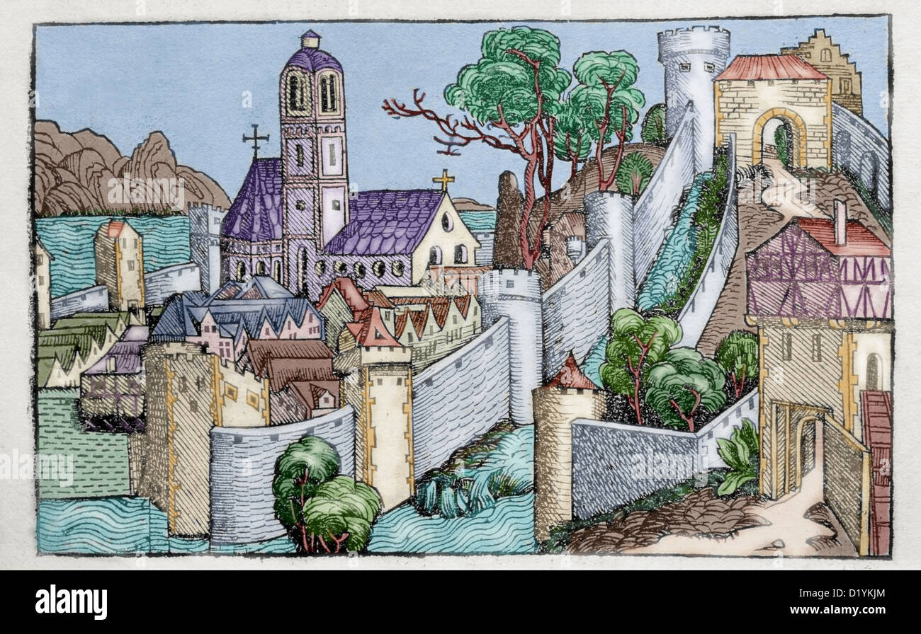 Il liber chronicarum di hartmann schedel. incisione raffigurante la città di Alessandria. Xv secolo. Foto Stock