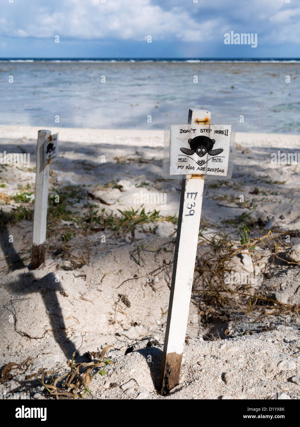 Un segno di avvertimento di turtle uova deposte sotto la sabbia sulla spiaggia su Lady Elliot Island Queensland Australia Foto Stock