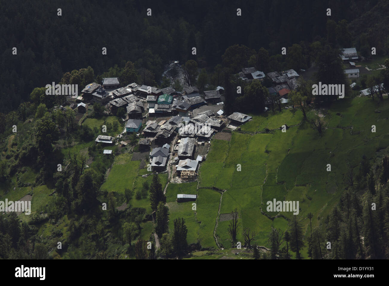 Grahan Village vicino Kasol in Himachal Pradesh, Himalaya indiana circondato da fattorie verdi. Foto Stock