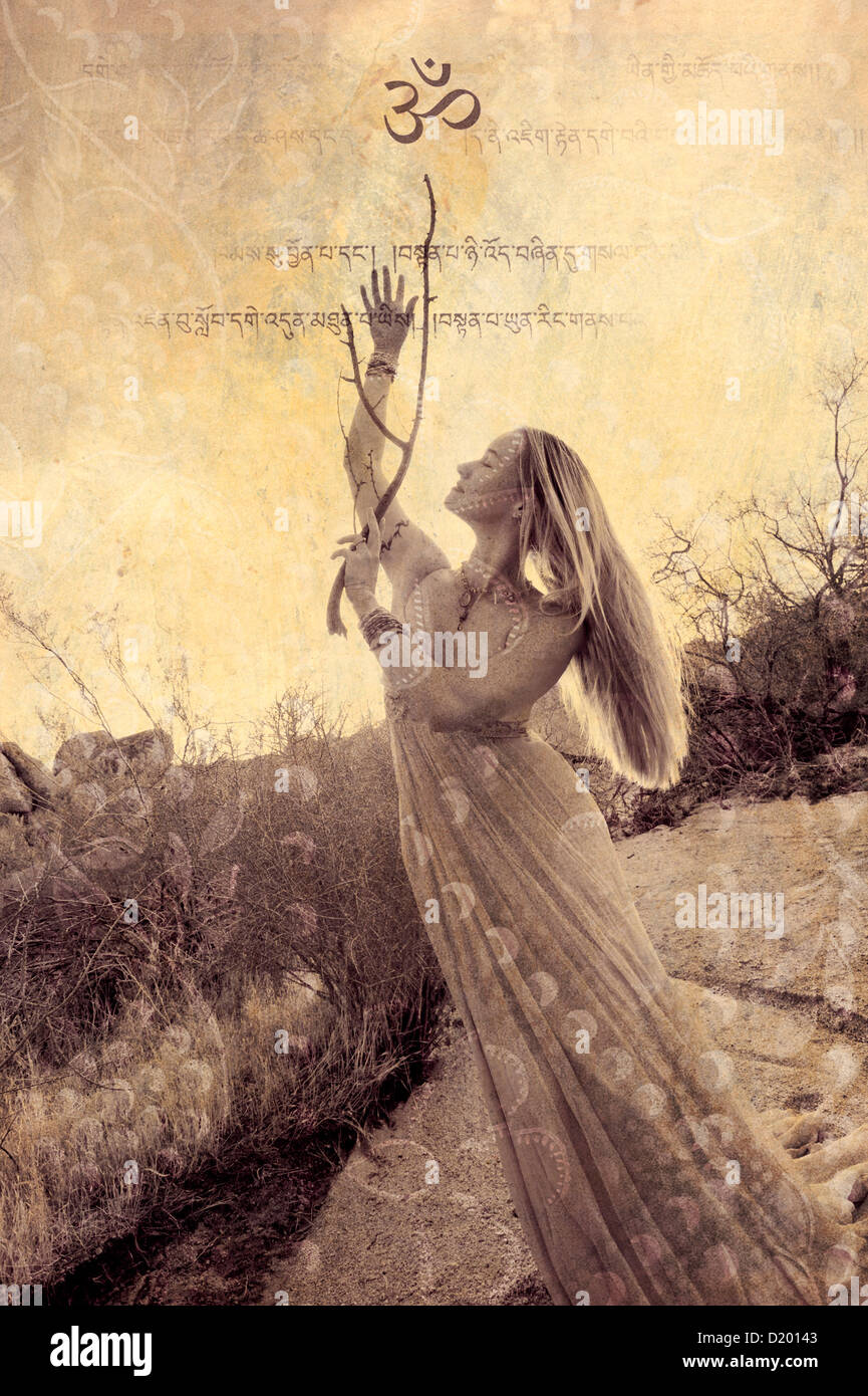 Donna in abito formale e simbolo di Om in natura. In base foto illustrazione. Foto Stock