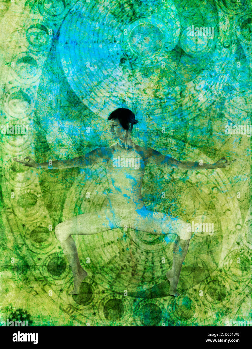 Una donna in posewith yoga yoga mudra. Illustrazione della foto con alchemica del modello del flusso sovrapposto. Foto Stock