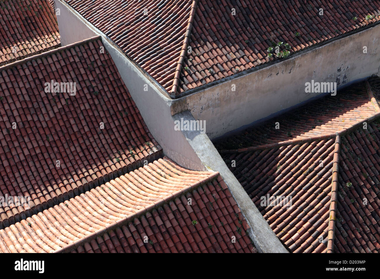 Vista aerea dei tetti che mostra la consistenza e colore delle antiche tegole di terracotta, La Laguna, Tenerife. Foto Stock