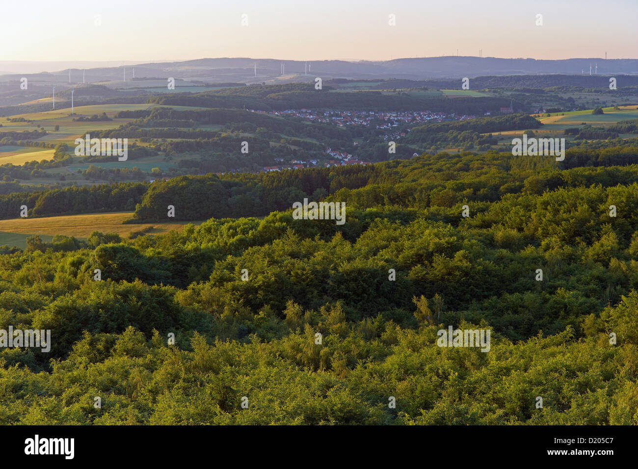 Vista da Hoecherbergturm sul paesaggio nella luce della sera, direzione Lautenbach und Breitenbach, Saarland, Germania, Europa Foto Stock