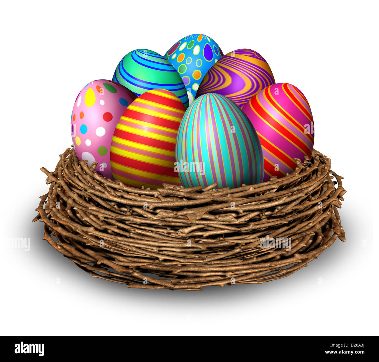 Le uova di pasqua nido simbolo vacanze decorazione con sette multi colore molla festosa ovali in un nido di uccelli per la celebrazione di un religioso e tradizionale evento culturale e di un uovo hunt su uno sfondo bianco. Foto Stock