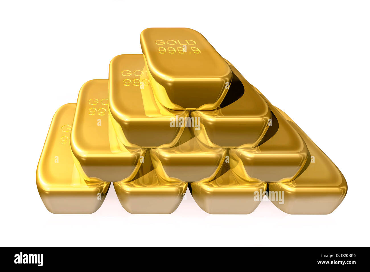 Una pila, stack heap, Fila, righe di fine reale puro Gold bullion bars cut-out tagliare intaglio isolato su uno sfondo bianco. Foto Stock