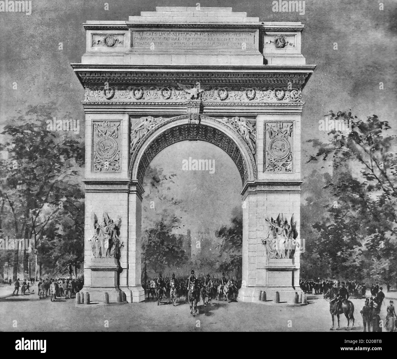 La Washington Memorial Arch, North Washington Square e Fifth Avenue, New York City, formalmente dedicata al 30 aprile 1895 Foto Stock