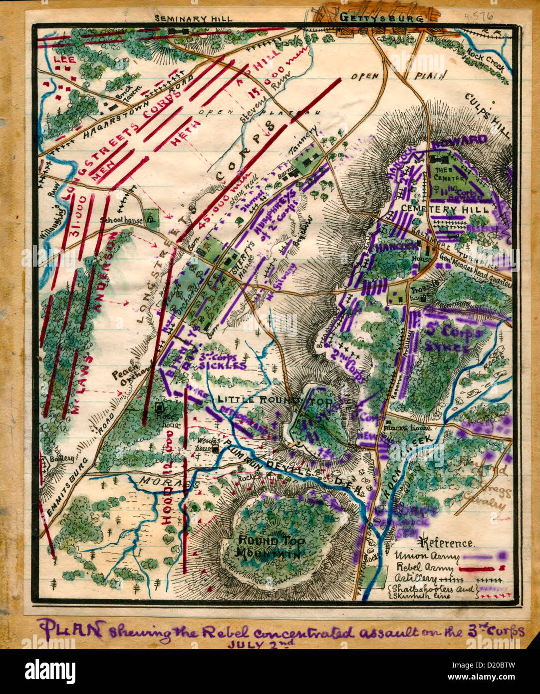 Mappa di battaglia di Gettysburg piano che mostrano i ribelli assalto concentrato sul terzo corpo, Luglio 2nd, 1863 usa la guerra civile Foto Stock