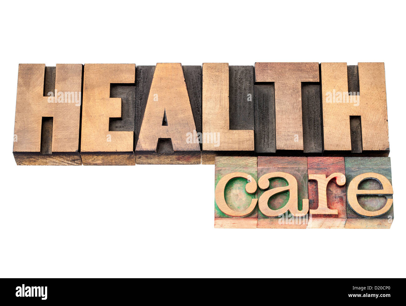 Health care - testo isolato in rilievografia vintage tipo legno blocchi di stampa Foto Stock