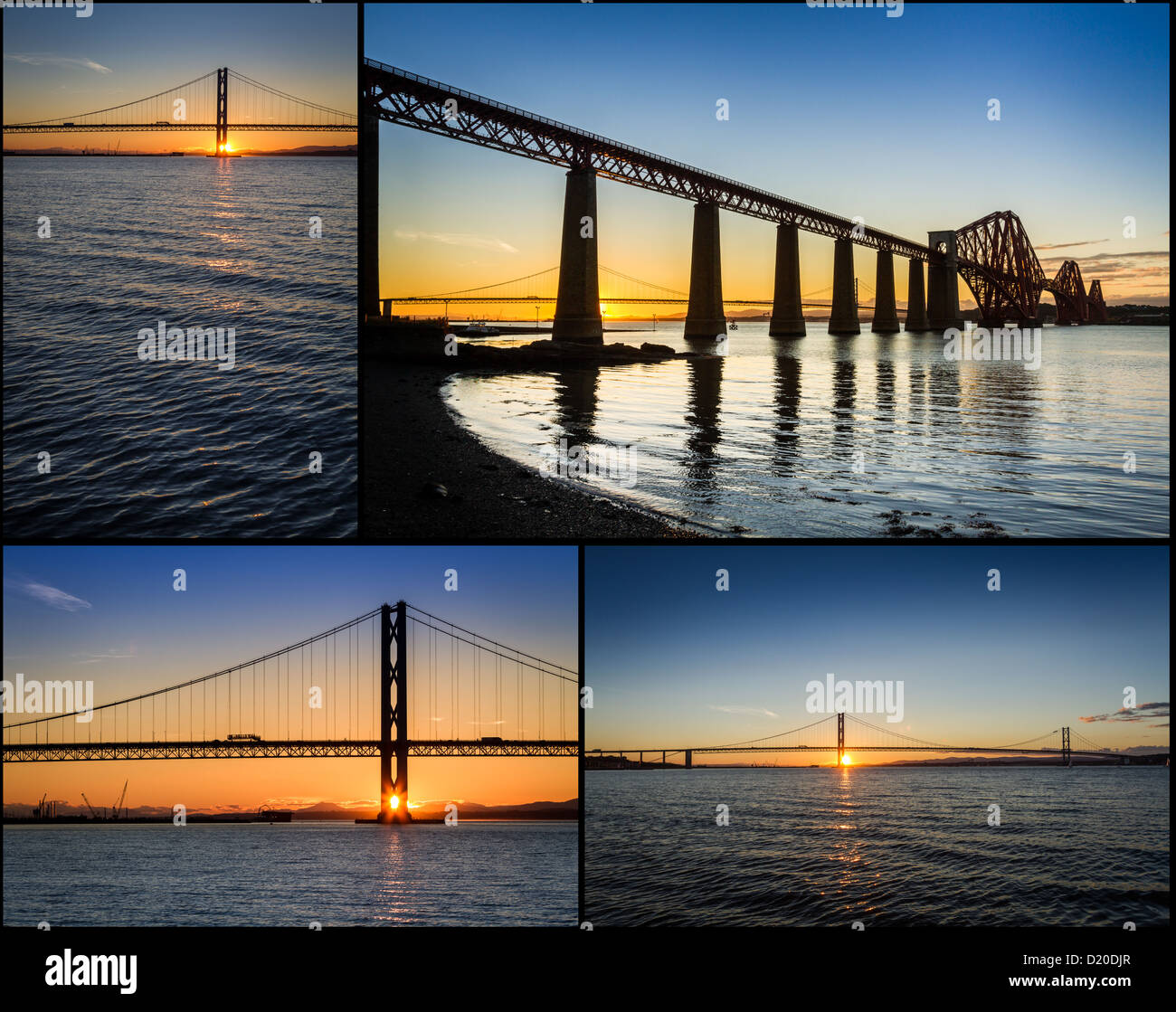 Cartolina dal tramonto del Forth Road Bridge in Scozia Foto Stock
