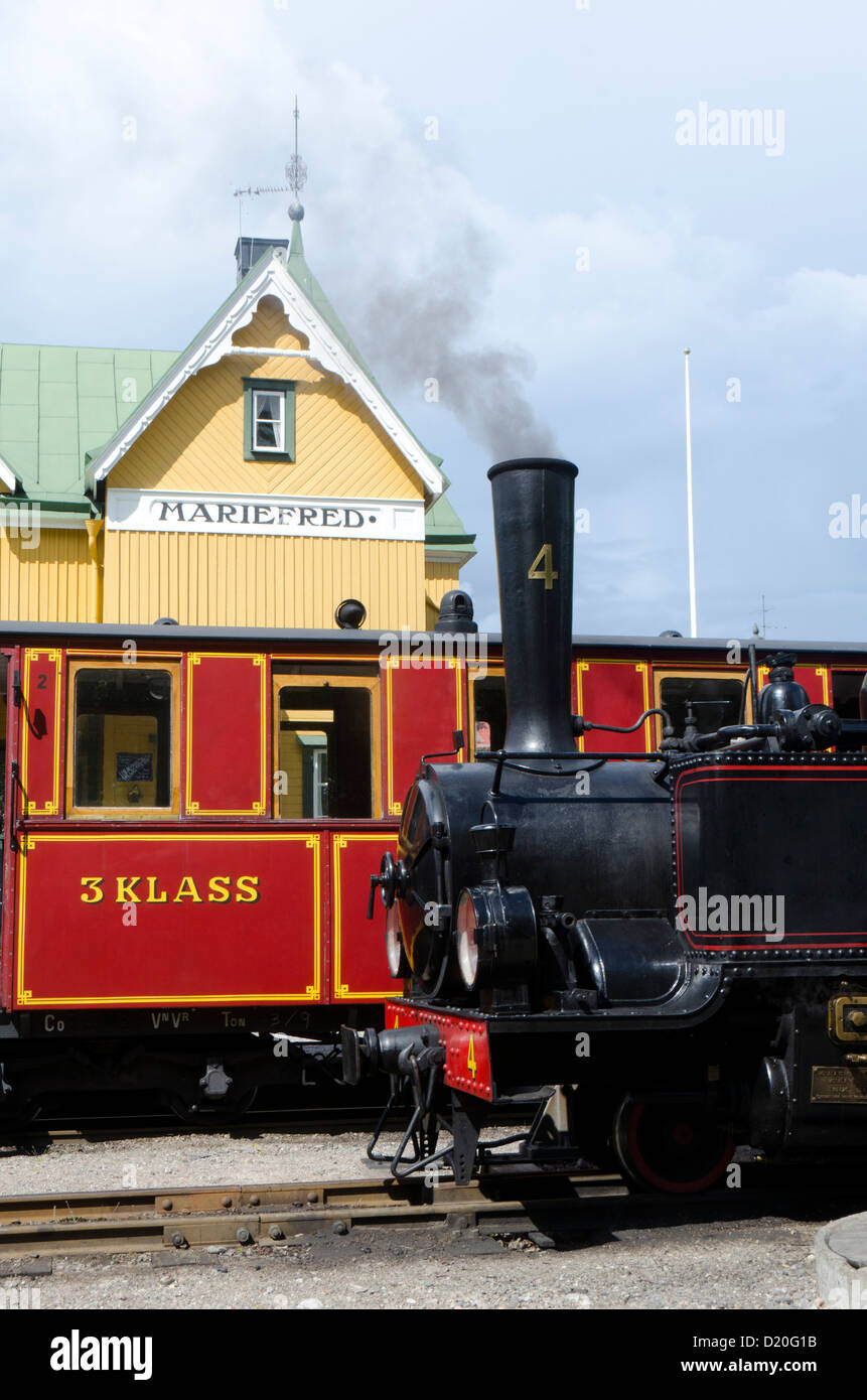 Locomotiva e il treno alla stazione, Mariefred - Läggesta ferrovia a scartamento ridotto ferroviario del patrimonio, Mariefred, vicino a Stoccolma, Svezia, Foto Stock