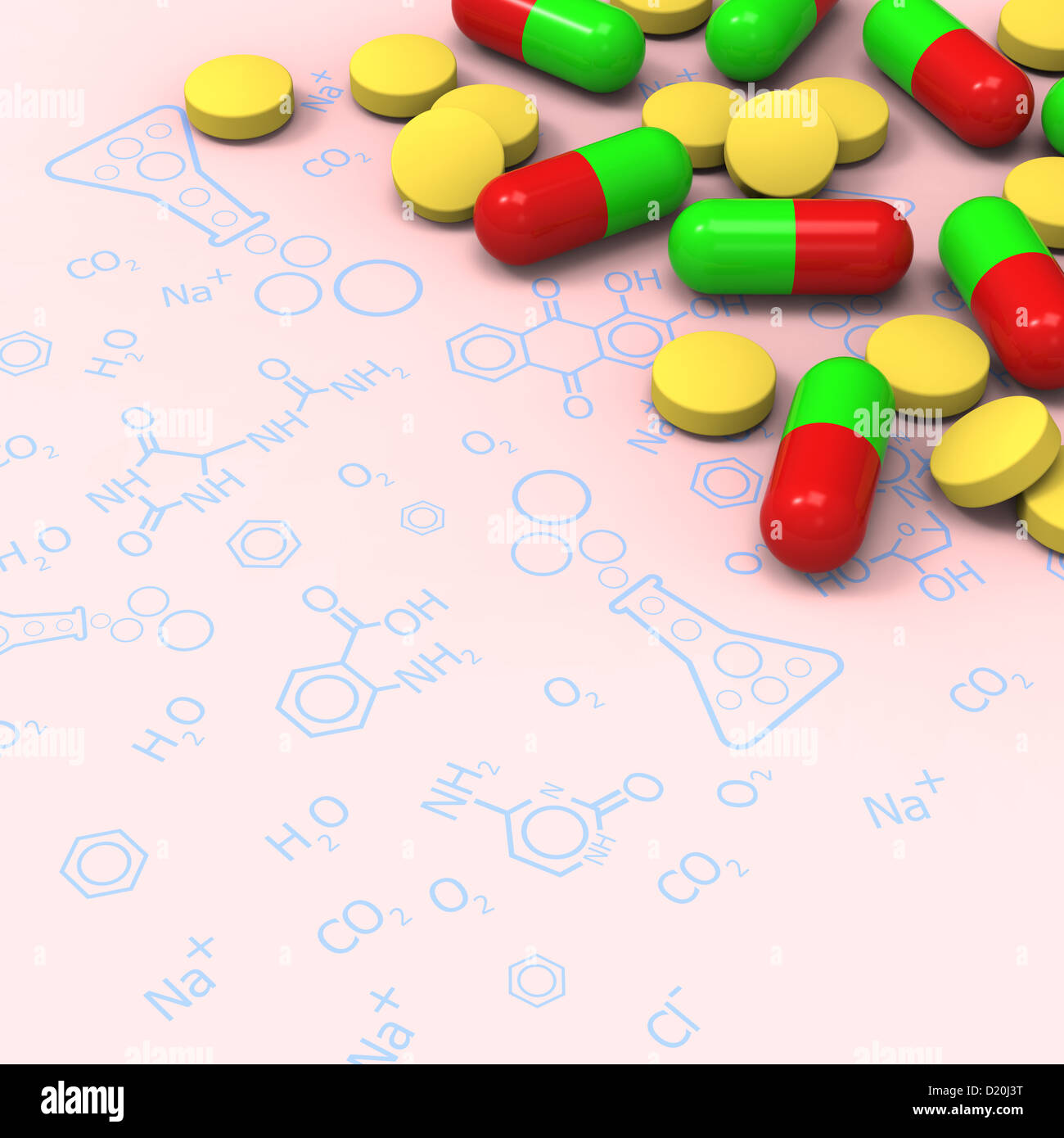 Modello 3D di pillole di giallo e rosso verde capsule sul diagramma di chimica Foto Stock