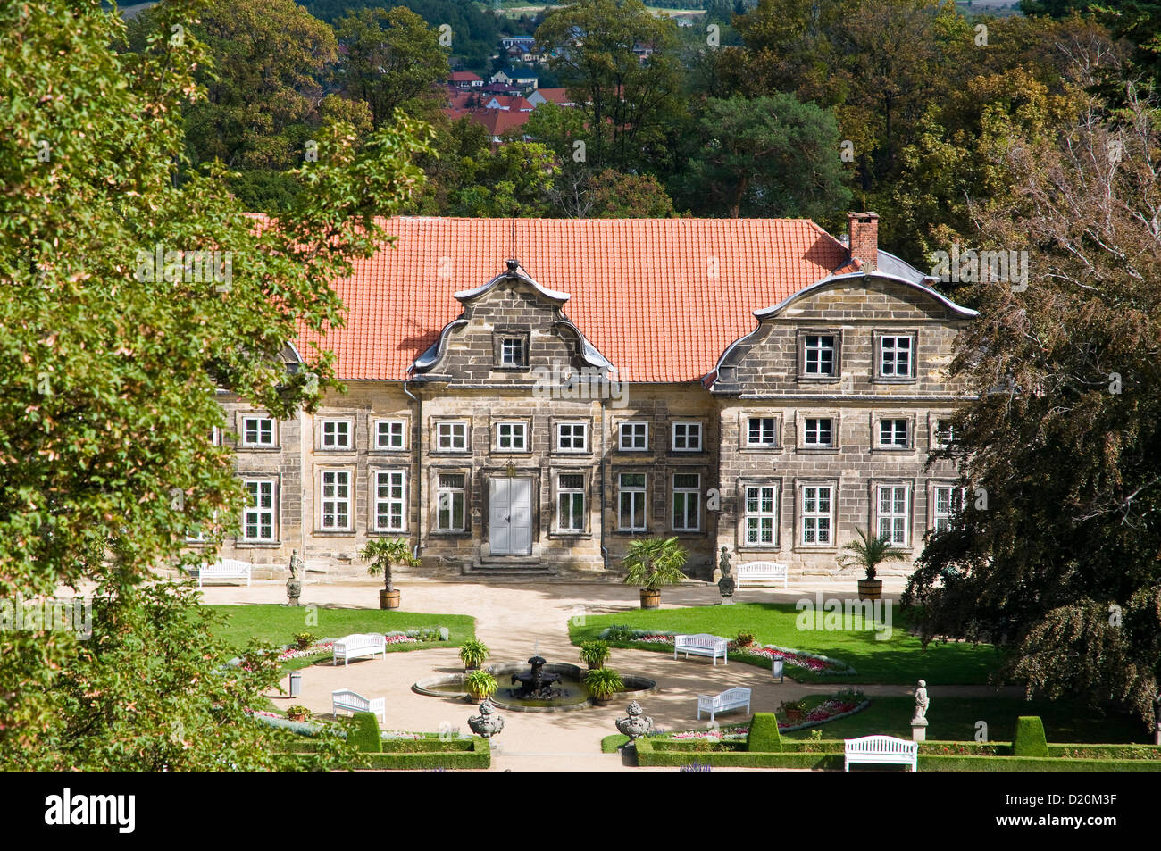 Palazzo barocco Kleines Schloss, giardini barocchi, Blankenburg am Harz, Harz, Sassonia-Anhalt, Germania Foto Stock