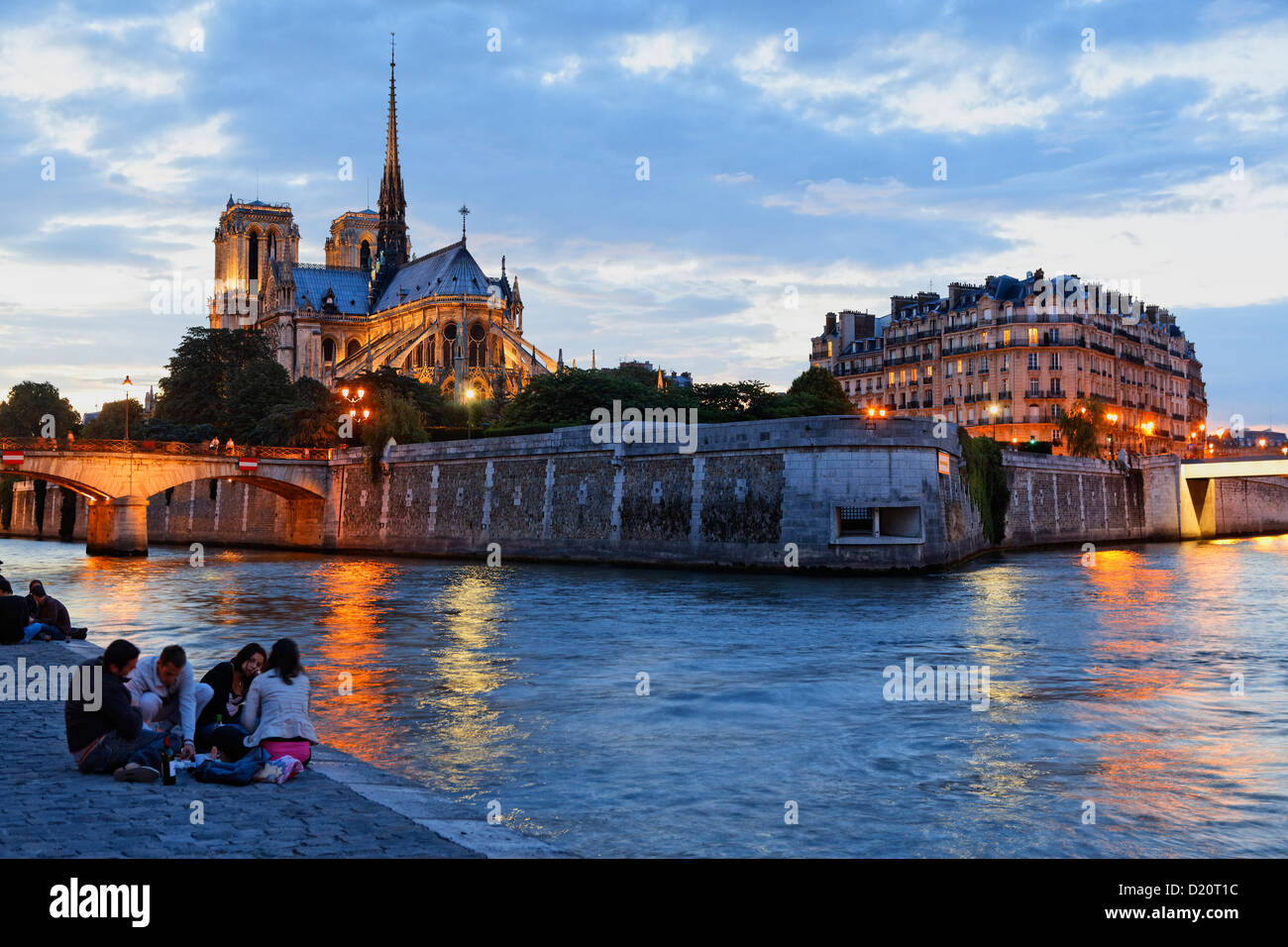 Ile de la Cite, la Senna e la Cattedrale di Notre Dame di sera, Parigi, Francia, Europa Foto Stock