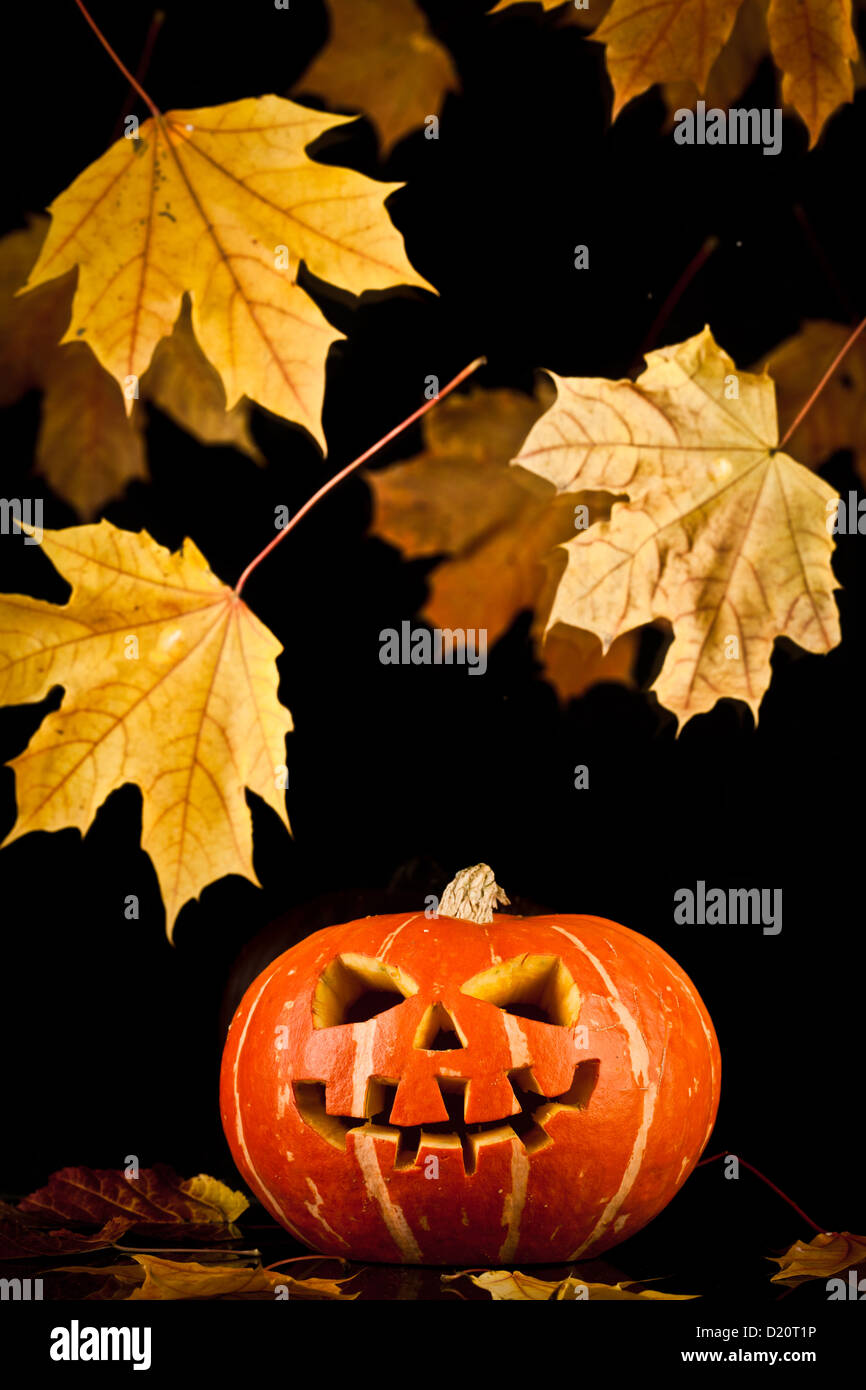 Scary vecchio jack-o-lantern su sfondo nero. Foto Stock