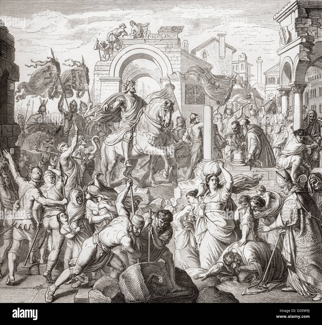 L'ingresso di Federico I Barbarossa in Milano, Italia nel 1158, accompagnato da Enrico il Leone e il suo truppe sassone. Foto Stock