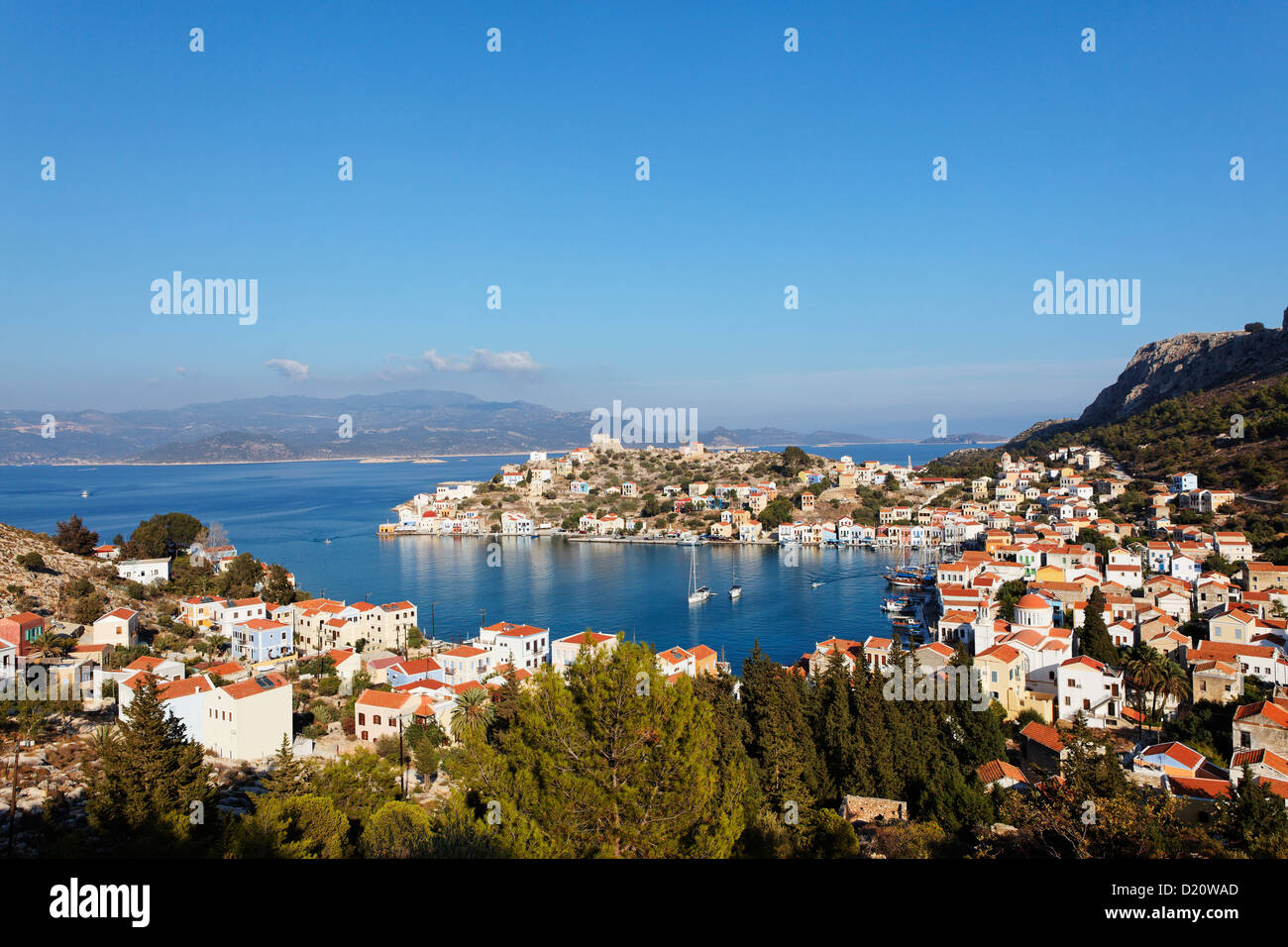 Vista del porto marittimo di Kastellorizo Megiste, isole Dodecanesi, Grecia, Europa Foto Stock