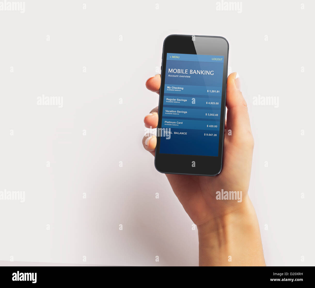 Smartphone con le informazioni di un conto in banca sullo schermo isolato su bianco Foto Stock