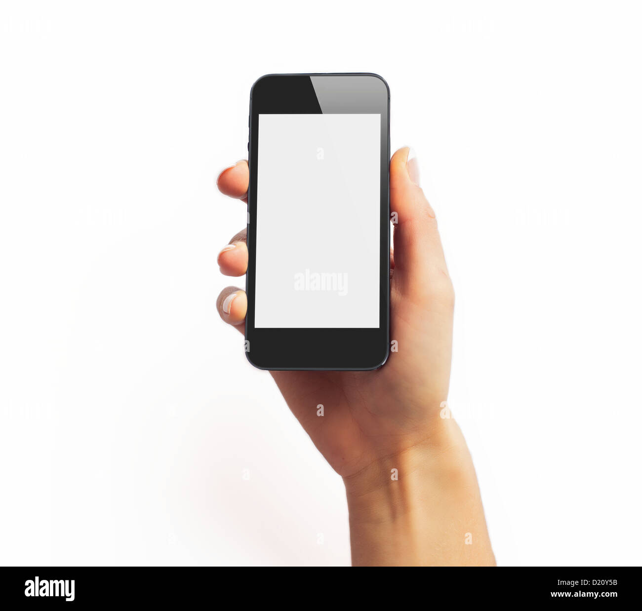 Nero smartphone a portata di mano con la schermata vuota Foto Stock