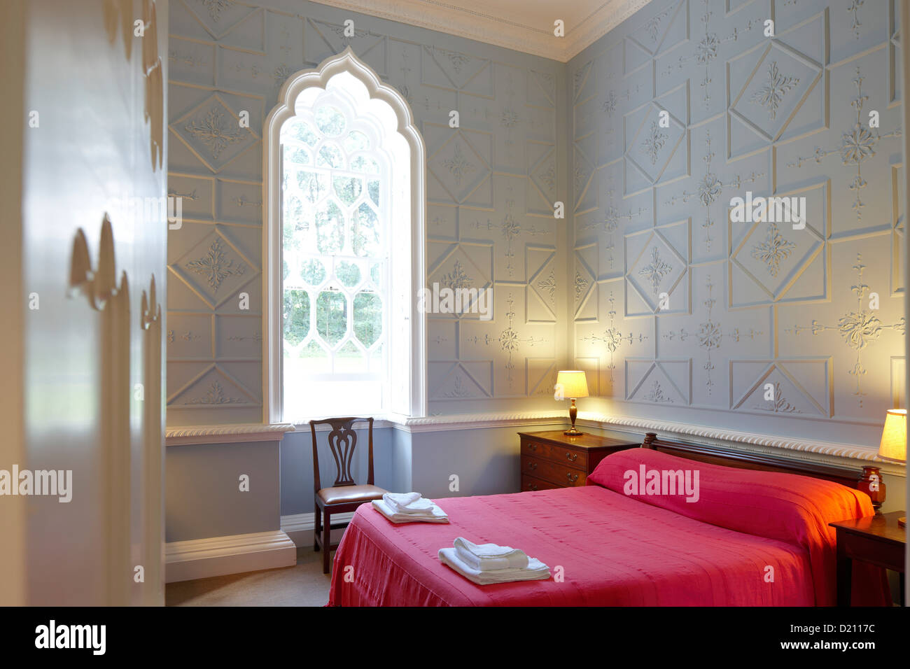 Camera da letto del Banqueting House casa vacanze, prenotazione via Landmarktrust, Rowlands Gill, Northumberland, Inghilterra, Gran Bretagna, Foto Stock