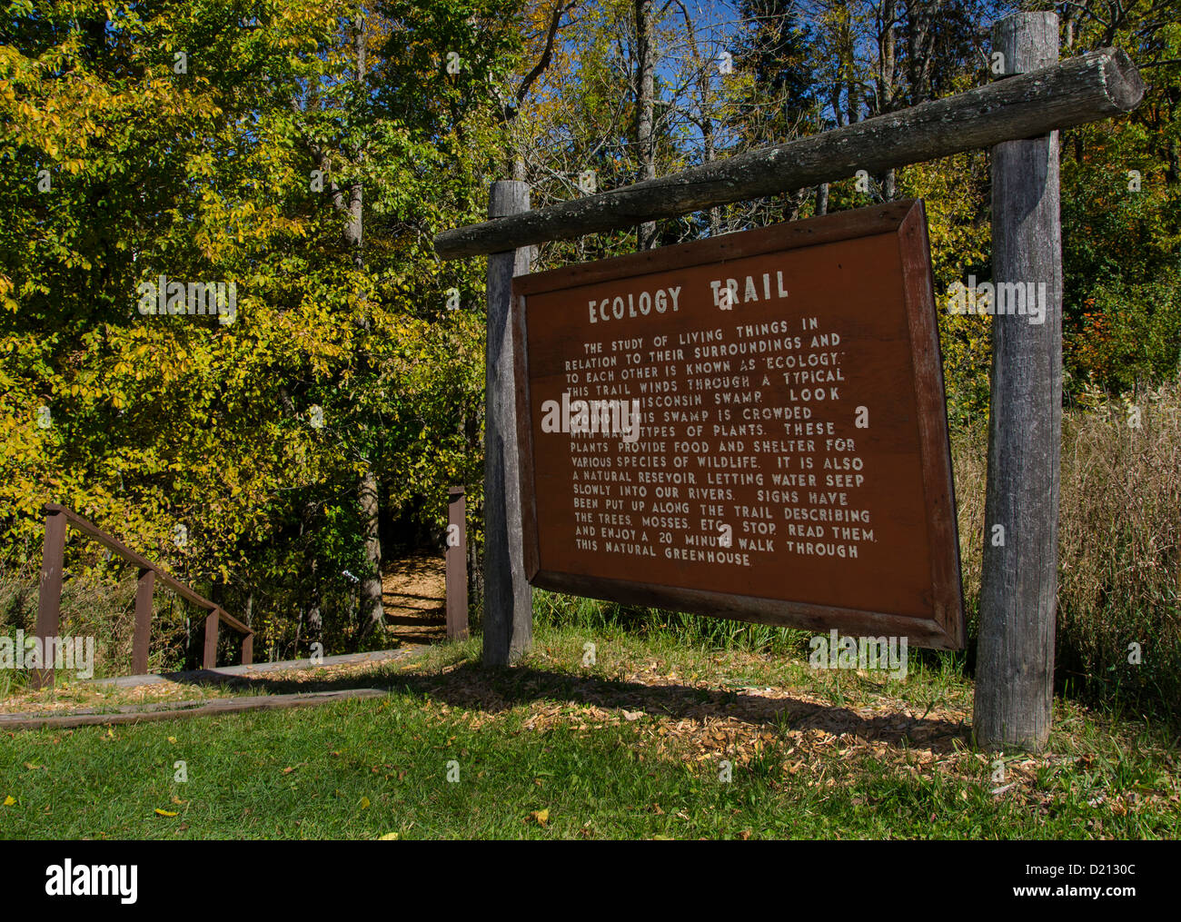 Segno per l'Ecologia a piedi il sentiero al Camp 5 Logging Camp in Laona, Wisconsin Foto Stock